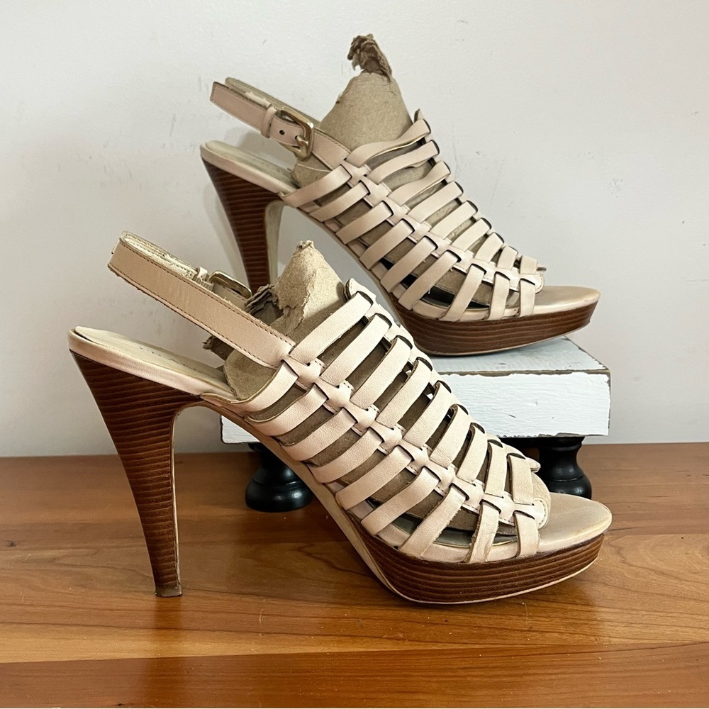 Franco Sarto High Heel Strappy‎ Sandals With Platform Beige Open Toe Size 8 M